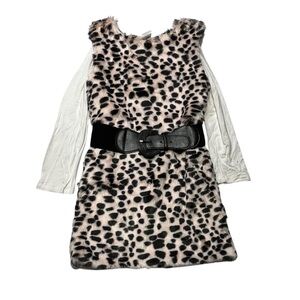 Little Mass Faux Fur Dress with Leopard Accents and white long sleeve tee